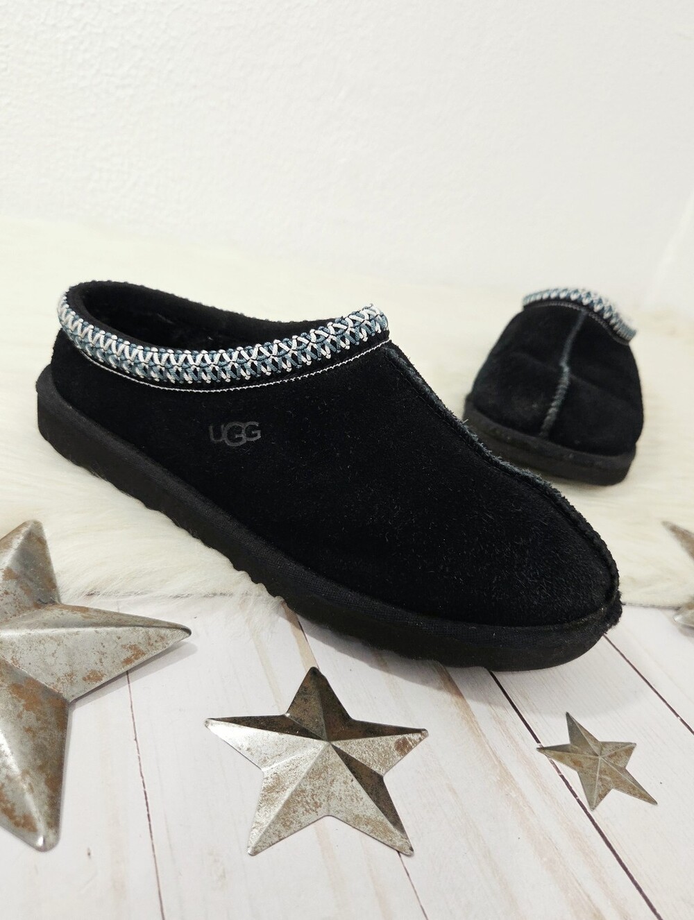 Ugg Tasman II black suede slippers sheepskin fleece mocs cozycore women's Size 5